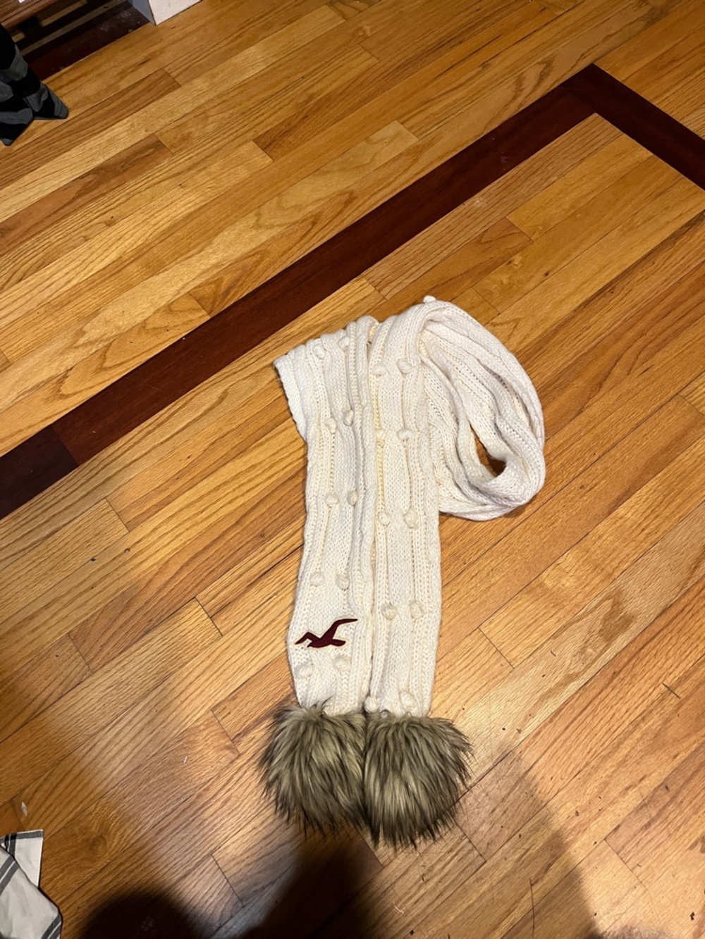 Hollister Cream Cable-Knit Scarf with Faux Fur Poms